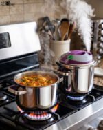 A 2-in-1 non-stick stainless steel cooker set in 6L and 8L sizes, made in Turkey, displayed on a kitchen counter, available at OneMore.