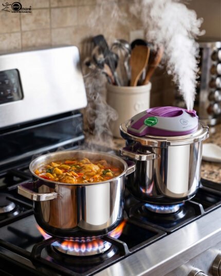 A 2-in-1 non-stick stainless steel cooker set in 6L and 8L sizes, made in Turkey, displayed on a kitchen counter, available at OneMore.