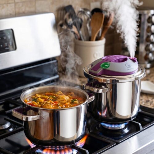 A 2-in-1 non-stick stainless steel cooker set in 6L and 8L sizes, made in Turkey, displayed on a kitchen counter, available at OneMore.