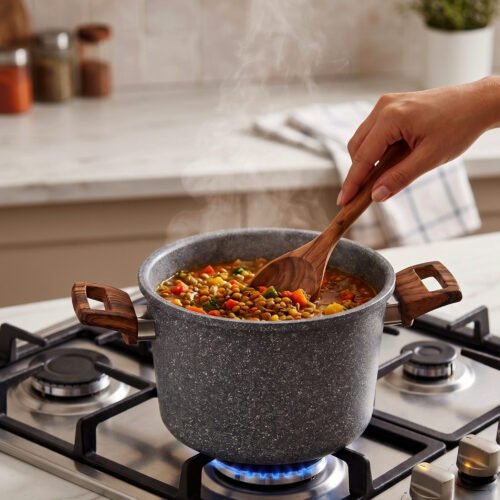 6L Turkish non-stick granite cooker with wood-finish handles and lid, showcased in a modern kitchen setting at OneMore.