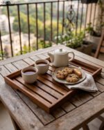 A high-quality 3-piece wooden tray set stacked on a modern kitchen countertop, featuring a natural wood grain finish and durable design, available at OneMore.