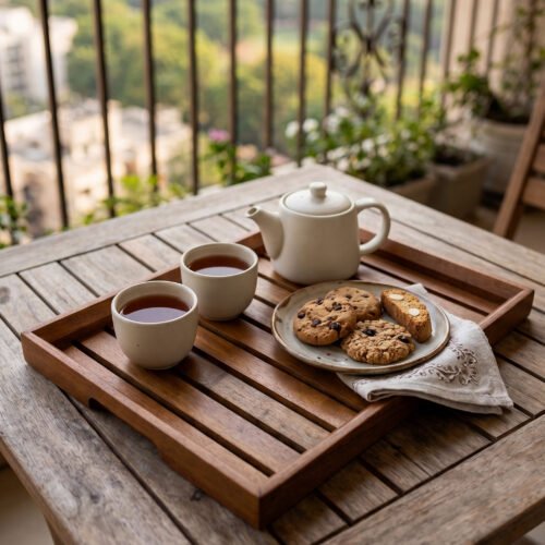 A high-quality 3-piece wooden tray set stacked on a modern kitchen countertop, featuring a natural wood grain finish and durable design, available at OneMore.