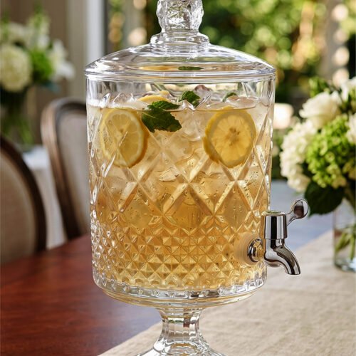 Elegant 4.5 liter glass beverage dispenser featuring a diamond-cut pattern and metal spigot on a table, as seen in 2.jpg.