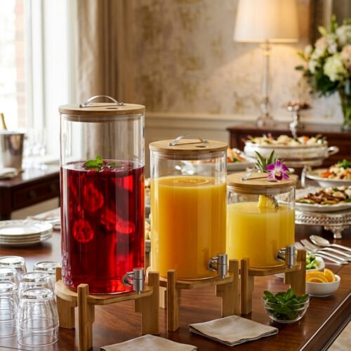 Three glass beverage dispensers of varying heights, each featuring a bamboo lid and resting on a wooden stand, displayed on a table next to a buffet burner.