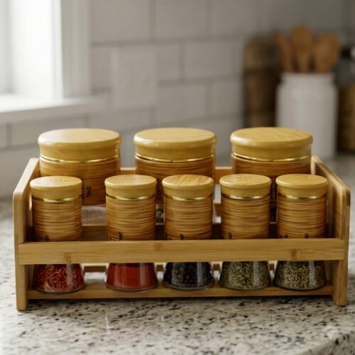 A high-angle view of a glass spice jar and salt shaker set held within a natural bamboo wooden stand, displayed on a rustic wooden table with fresh herbs.