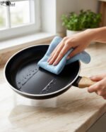 A collection of Turkish-made diamond-infused non-stick frying pans in various sizes ranging from 20cm to 30cm, displayed on a kitchen wall and countertop at OneMore.