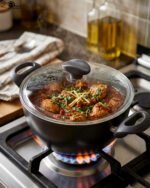 A pair of premium diamond-infused non-stick cooking pots in 20cm and 22cm sizes, made in Turkey, displayed on a marble kitchen countertop.