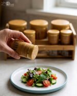 A high-angle view of a glass spice jar and salt shaker set held within a natural bamboo wooden stand, displayed on a rustic wooden table with fresh herbs.
