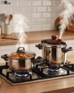 Turkish 2-in-1 non-stick steel cooker set featuring a 7L pressure pot and a 4L cooking pot with interchangeable lids, displayed on a kitchen counter.