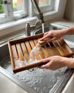 A high-quality 3-piece wooden tray set stacked on a modern kitchen countertop, featuring a natural wood grain finish and durable design, available at OneMore.