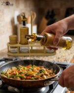 2.jpg shows a modern kitchen organizer set including two glass oil bottles with pourers and two salt/spice shakers, all encased in bamboo wood accents and held in a matching wooden stand.