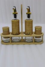 2.jpg shows a modern kitchen organizer set including two glass oil bottles with pourers and two salt/spice shakers, all encased in bamboo wood accents and held in a matching wooden stand.
