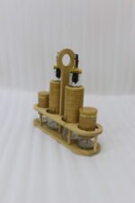 2.jpg shows a modern kitchen organizer set including two glass oil bottles with pourers and two salt/spice shakers, all encased in bamboo wood accents and held in a matching wooden stand.