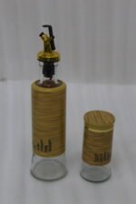 2.jpg shows a modern kitchen organizer set including two glass oil bottles with pourers and two salt/spice shakers, all encased in bamboo wood accents and held in a matching wooden stand.