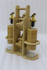 A stylish set of two glass oil dispensers and two salt shakers housed in a bamboo wooden stand, as seen in 1.jpg.