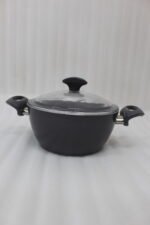A pair of premium diamond-infused non-stick cooking pots in 20cm and 22cm sizes, made in Turkey, displayed on a marble kitchen countertop.