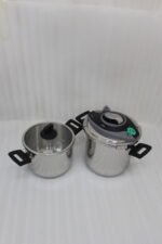 A 2-in-1 set of Turkish-made non-stick steel cookers featuring a 6-liter pot and an 8-liter pressure cooker on a kitchen countertop.
