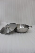 Five pieces of stainless steel cookware, including pots and a frying pan with glass lids, arranged on a granite countertop. Sizes 16cm, 20cm, and three 24cm pieces are clearly visible with price tags attached. Product features a non-stick interior and is exclusively available in Pakistan at OneMore.