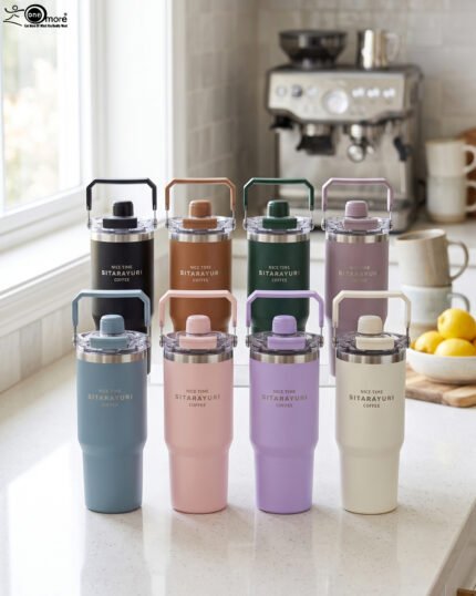 An assortment of colorful 900ml stainless steel tumblers with handles and transparent straw lids arranged neatly on a kitchen counter.