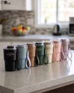 Line-up of colorful 360ml stainless steel travel tumblers with matching carrying straps and clear lids displayed on a kitchen counter.