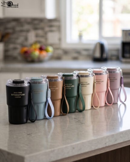 Line-up of colorful 360ml stainless steel travel tumblers with matching carrying straps and clear lids displayed on a kitchen counter.
