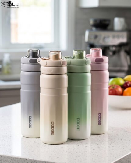 Four pastel gradient Dodge 560mL stainless steel water bottles lined up on a kitchen counter.