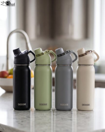 Four Dodge 630mL stainless steel water bottles in black, sage green, grey, and beige lined up on a kitchen counter.
