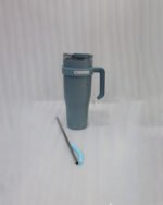 : An array of colorful 1.2L stainless steel tumblers with handles and clear lids displayed on a kitchen counter