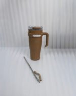 : An array of colorful 1.2L stainless steel tumblers with handles and clear lids displayed on a kitchen counter