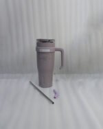 : An array of colorful 1.2L stainless steel tumblers with handles and clear lids displayed on a kitchen counter