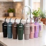 A row of colorful 1.5L stainless steel tumblers with handles and straws arranged on a kitchen counter.