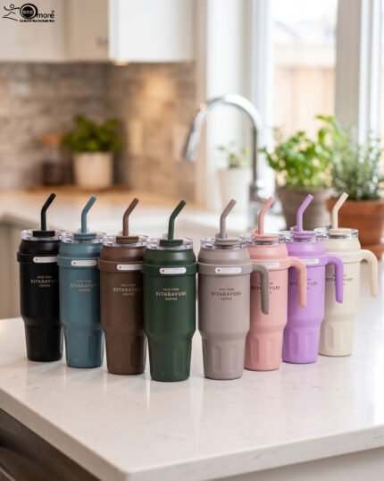 A row of colorful 1.5L stainless steel tumblers with handles and straws arranged on a kitchen counter.