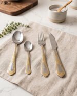 Luxury 24-piece stainless steel cutlery set with ornate gold embossed handles arranged on a linen napkin