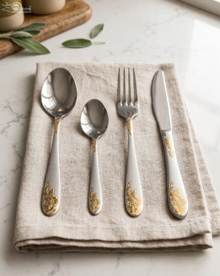 24-piece silver stainless steel cutlery set with gold floral embossed handles displayed on a linen napkin.