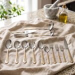 72-piece stainless steel cutlery set featuring embossed gold-plated handles laid out on a beige table runner.