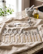 72-piece stainless steel cutlery set featuring embossed gold-plated handles laid out on a beige table runner.