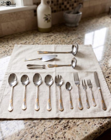 72-piece stainless steel cutlery set with gold-embossed handles arranged on a neutral linen cloth