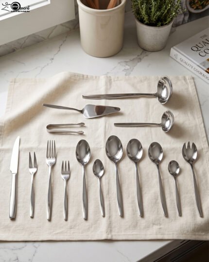 72-piece polished stainless steel cutlery set arranged on a cloth napkin featuring place settings, ladles, cake server, and tongs.