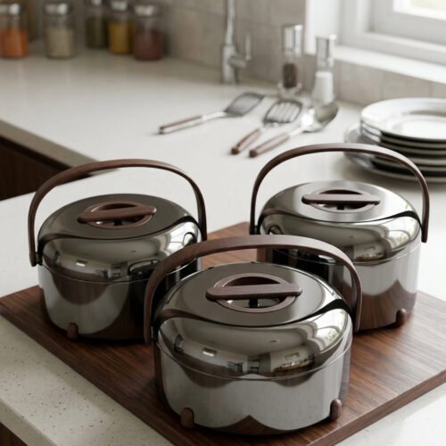 Three modern mirror-finish stainless steel insulated hot pots with wooden arch handles on a kitchen countertop.