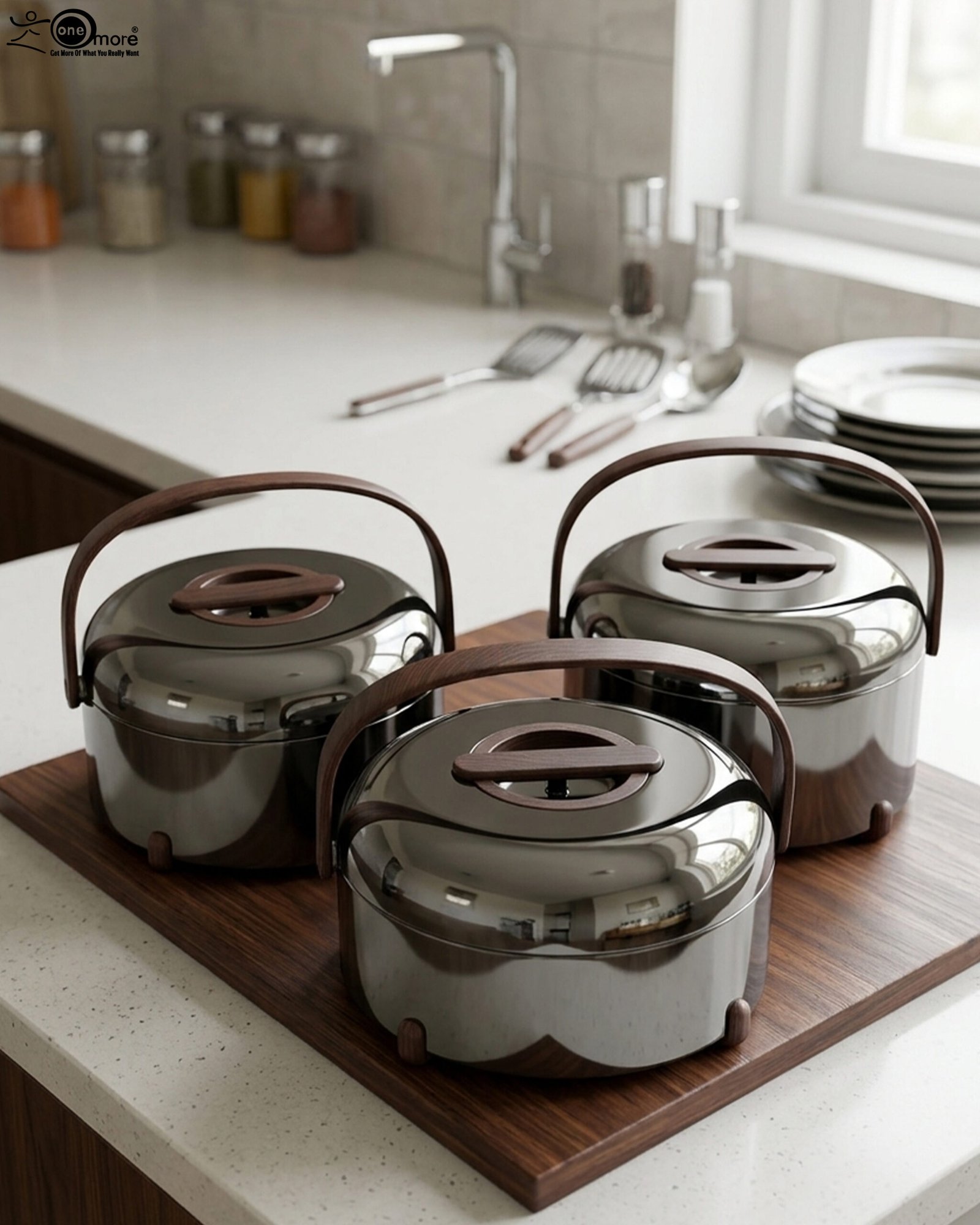1 Three modern mirror-finish stainless steel insulated hot pots with wooden arch handles on a kitchen countertop.