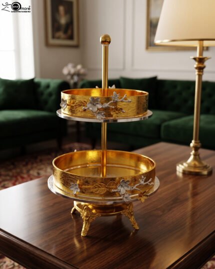 Luxury 2-tier gold decorative serving tray with silver floral accents on a wooden table