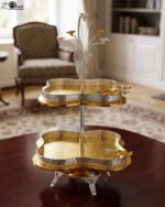 Luxury 2-tier decorative serving tray with textured gold base, silver borders, and ornate floral top handle.