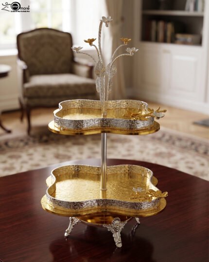 Luxury 2-tier decorative serving tray with textured gold base, silver borders, and ornate floral top handle.