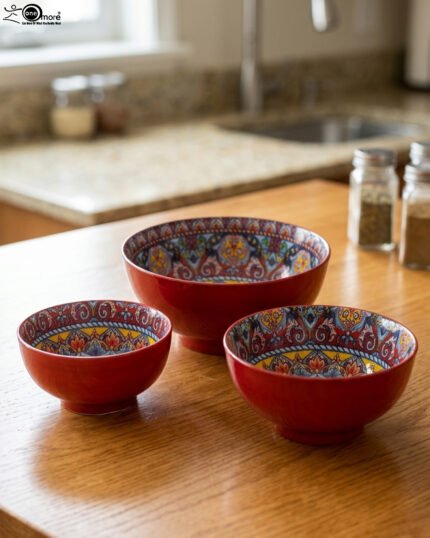 A set of three decorative ceramic bowls in a kitchen. They have rich red exterior glazes and detailed, traditional hand-painted Moroccan-style patterns in blue, yellow, and red on the inside, sitting on a wooden counter next to spice jars.