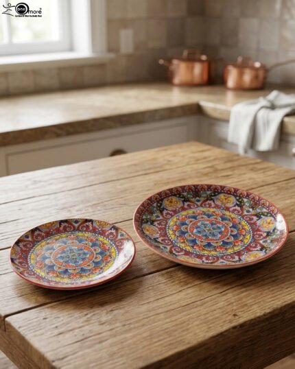 Two decorative Marrakech ceramic plates with vibrant colorful mosaic mandala patterns resting on a rustic wooden table.