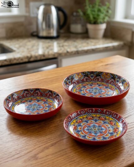 Three vibrant ceramic decorative Moroccan plates featuring intricate mandala patterns in red, blue, and yellow arranged on a wooden countertop.
