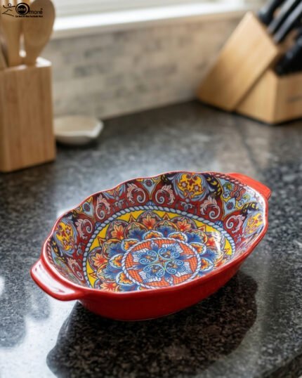 9.5-inch decorative Marrakesh ceramic serving bowl with colorful Moroccan mandala patterns on a kitchen countertop