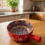 6-inch red ceramic Marrakech serving bowl with vibrant hand-painted geometric interior patterns and a single side handle sitting on a wooden kitchen island