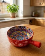 6-inch red ceramic Marrakech serving bowl with vibrant hand-painted geometric interior patterns and a single side handle sitting on a wooden kitchen island