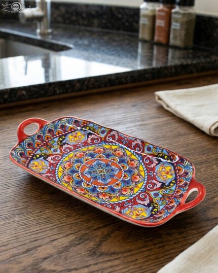 Vibrant 13-inch decorative Marrakech ceramic serving dish with colorful mosaic patterns and built-in side handles displayed on a wooden countertop.